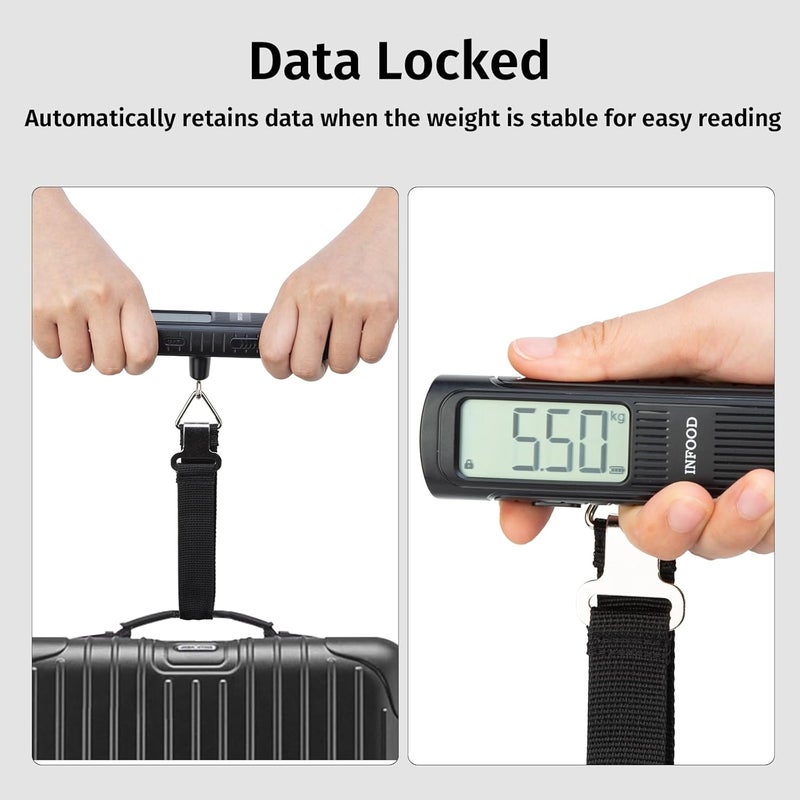 INFOOD Battery-Free Digital Luggage Scale, Suitcase Scale for Travel, Portable Luggage Weight Scale with Hook & LCD Display for Luggages, Packages & Bags, 110lb/50kg Handheld Scale, Black - Image 5